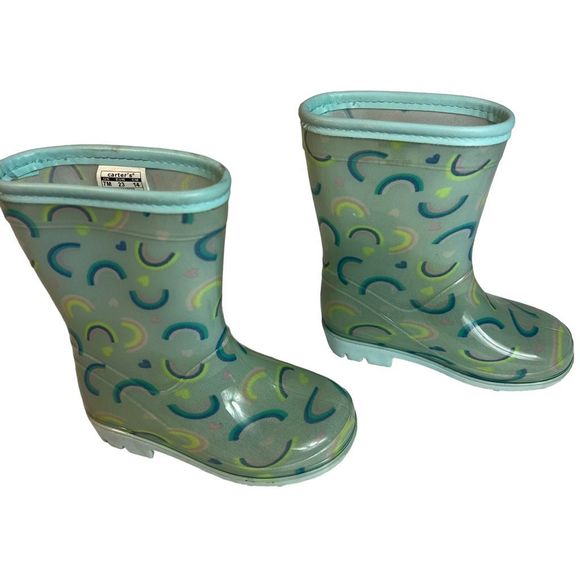 Carter’s Rain Boots Isa Little Girl’s Size 7M Blue Green Rainbows‎ Rubber Shoes - Picture 1 of 9